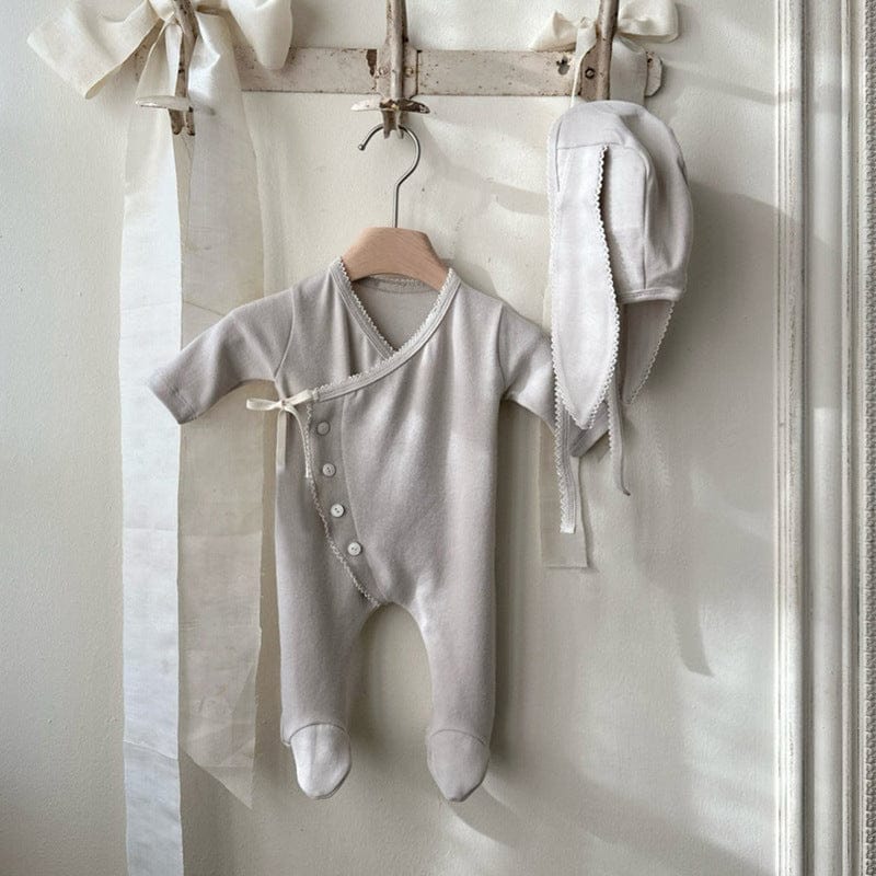 長袖ロンパース Light Gray Set / 66cm フロントリボンロンパース 足つきデザイン コットン新生児カバーオール【mh0010893】