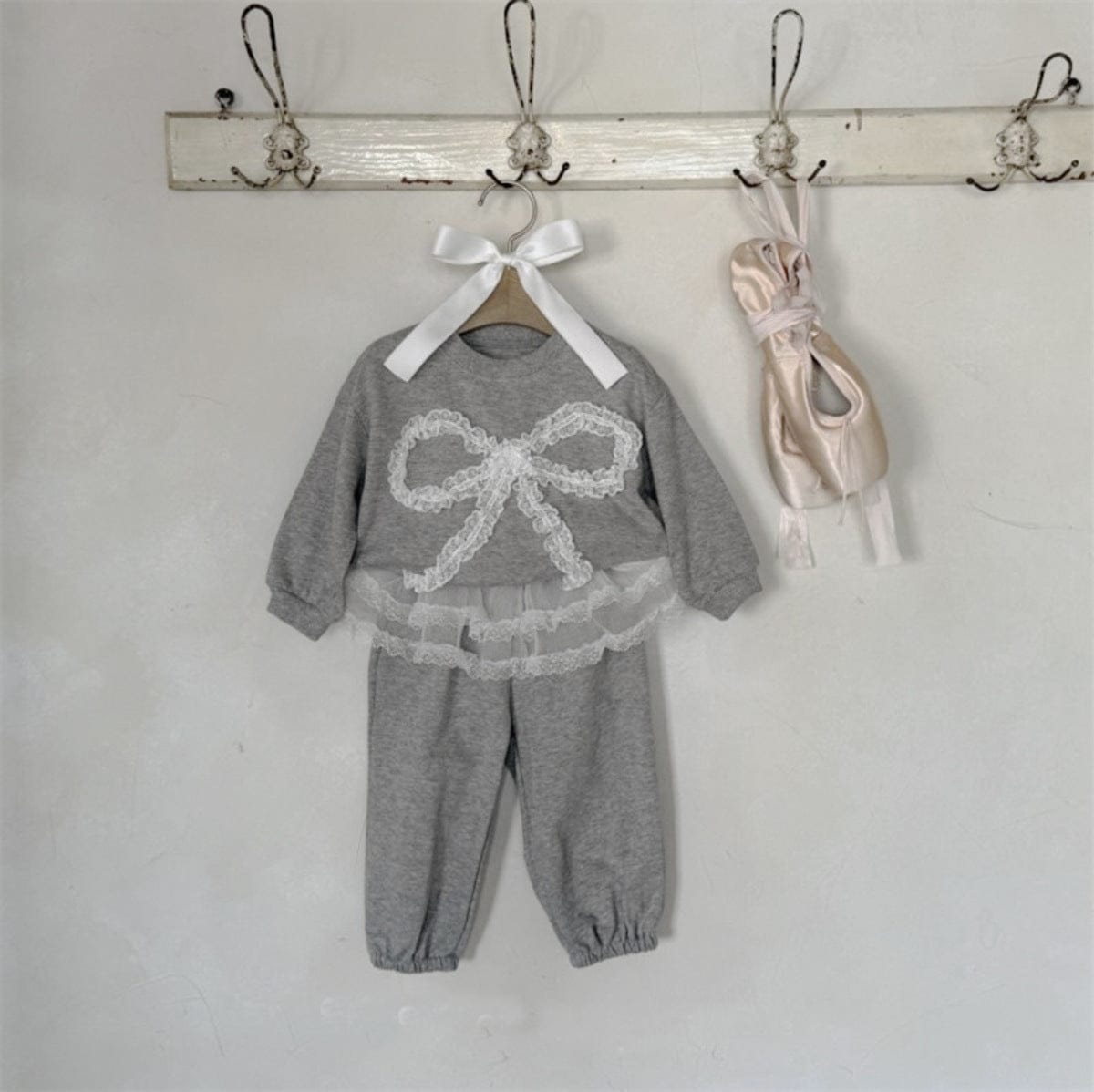 長袖セットアップ Light Gray Set / 73cm チュールリボンセットアップ スウェットトップス+チュールスカートパンツ 2点セット【mh0010896】