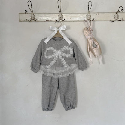 長袖セットアップ Light Gray Set / 73cm チュールリボンセットアップ スウェットトップス+チュールスカートパンツ 2点セット【mh0010896】