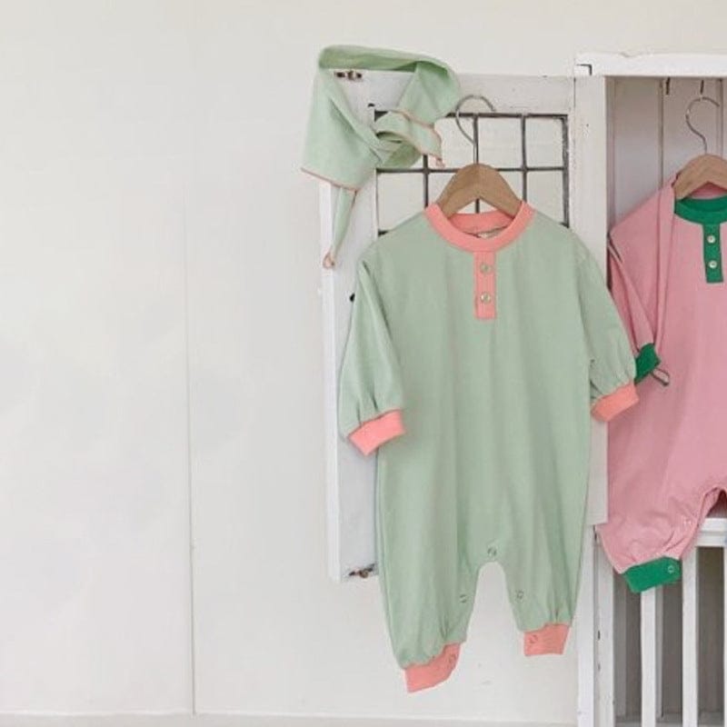 長袖ロンパース Light Green / 66cm パステルカラーロンパース ショール付き バイカラー長袖コットンカバーオール【mh0010885】