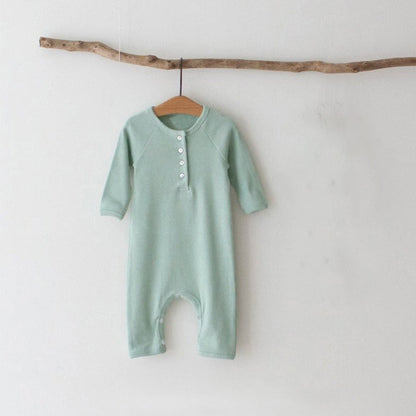 長袖ロンパース Light Green Jumpsuit / 66cm とんがり帽子ロンパースセット ヘンリーネック リブ編み コットンカバーオール 2点セット【mh0010889】