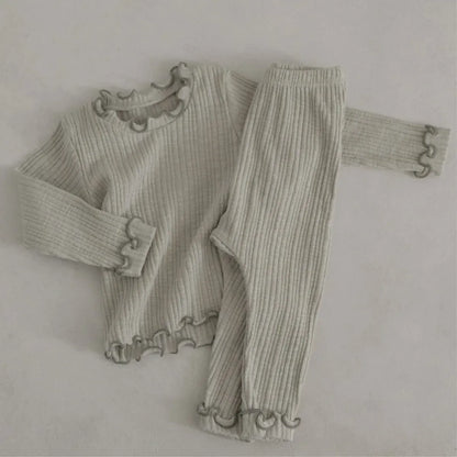 長袖セットアップ Light Grey / 66cm 0-6m ベビーセットアップ 2点セット プリーツ加工フリル長袖Tシャツ+プリーツ加工ロングパンツ 5カラー【mh0007089】
