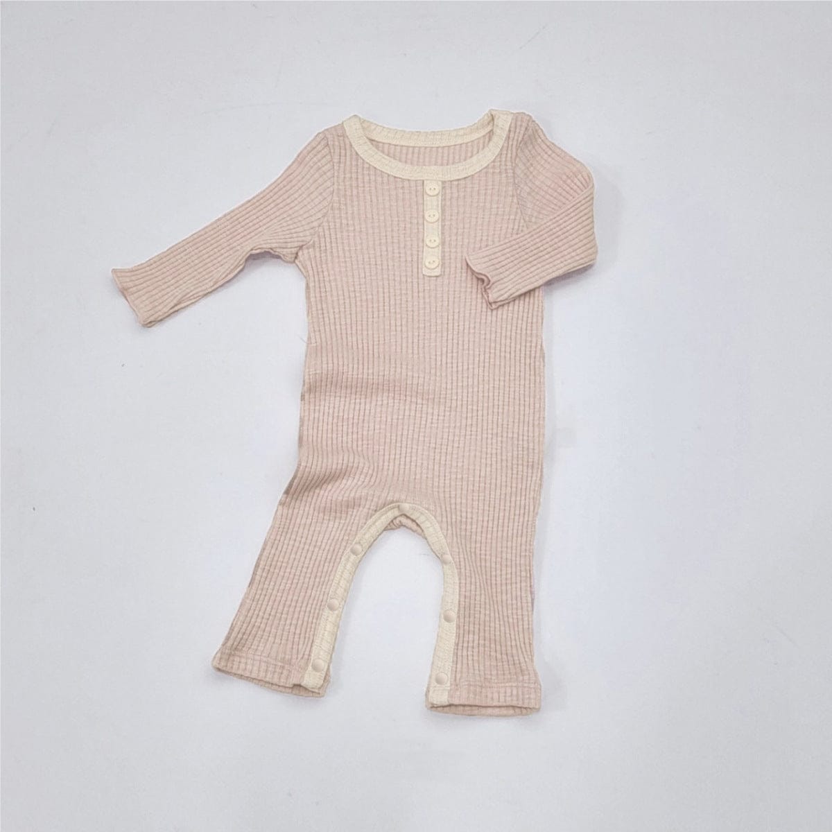 長袖ロンパース Light Pink / 66cm リブ編みロンパース 長袖 ヘンリーネック バイカラーパイピング コットンカバーオール【mh0010888】