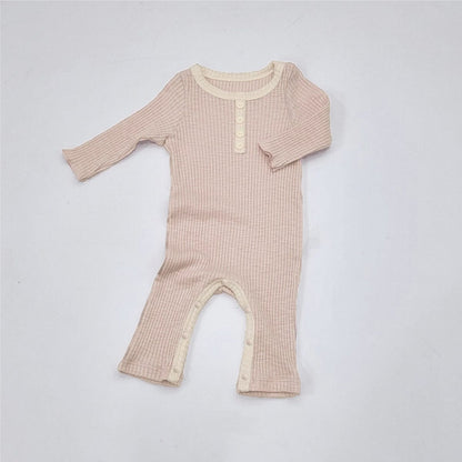 長袖ロンパース Light Pink / 66cm リブ編みロンパース 長袖 ヘンリーネック バイカラーパイピング コットンカバーオール【mh0010888】