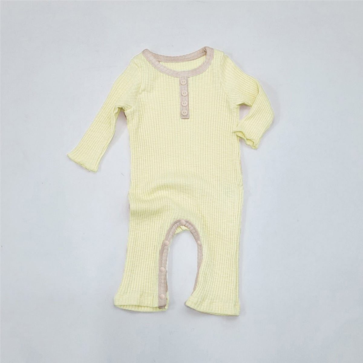 長袖ロンパース Light Yellow / 66cm リブ編みロンパース 長袖 ヘンリーネック バイカラーパイピング コットンカバーオール【mh0010888】