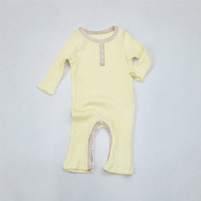 長袖ロンパース Light Yellow / 66cm リブ編みロンパース 長袖 ヘンリーネック バイカラーパイピング コットンカバーオール【mh0010888】