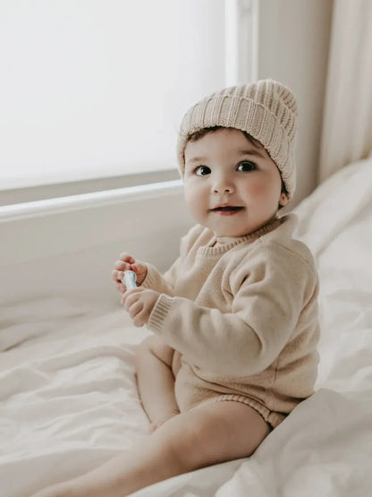 長袖ロンパース ベビーロンパース帽子セット シンプルニット長袖ボディスーツ＋ニットキャップ帽子セット【mh-0008588】
