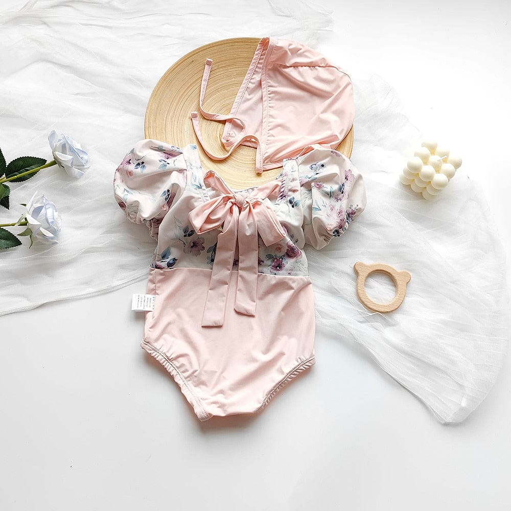 ベビー用水着 ベビー 水着 フラワー 花柄 ドッキング 半袖 パフスリーブ ワンピース 帽子 セット スイムウェア ピンク ガールズ【mh0002069】