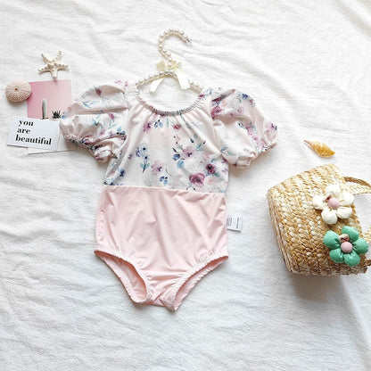 ベビー用水着 ベビー 水着 フラワー 花柄 ドッキング 半袖 パフスリーブ ワンピース 帽子 セット スイムウェア ピンク ガールズ【mh0002069】