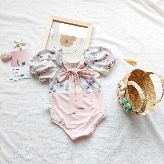 ベビー用水着 ベビー 水着 フラワー 花柄 ドッキング 半袖 パフスリーブ ワンピース 帽子 セット スイムウェア ピンク ガールズ【mh0002069】