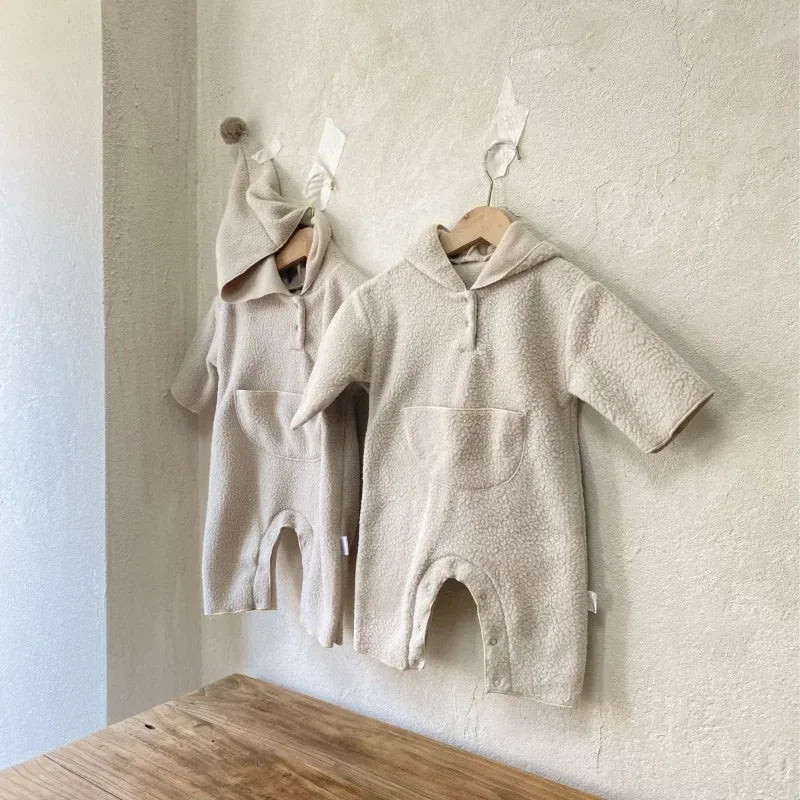 アウタージャンプスーツ ベビーアウタージャンプスーツ とんがり帽子フーディ長袖ロンパース ボアフリース ユニセックス 男の子 女の子 子供服【mh0003366】