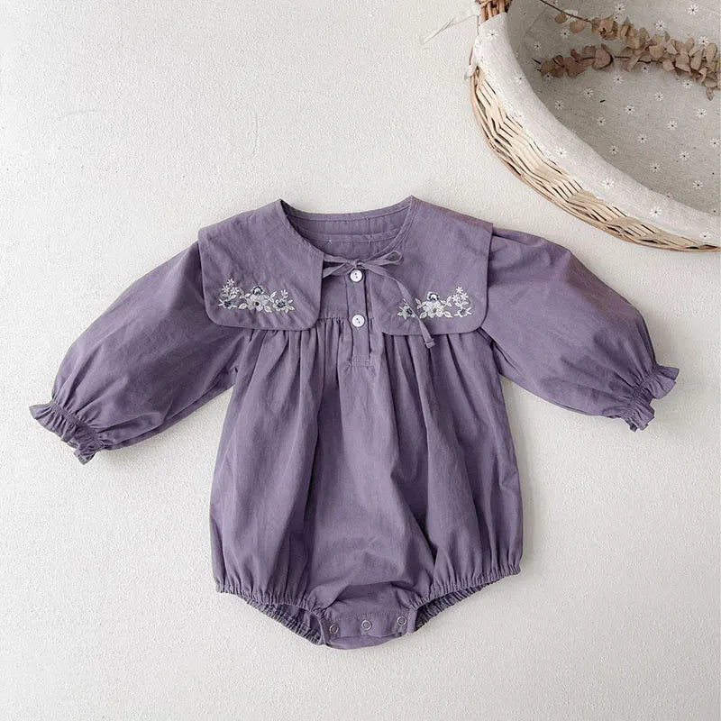 長袖ロンパース ベビーロンパース 長袖パフスリーブボディスーツ+つけ襟セット フラワー花柄刺繍 パープル【mh0004587】