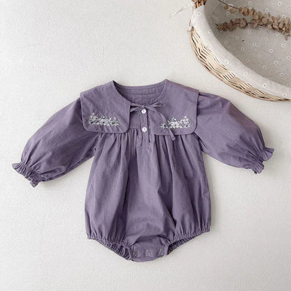 長袖ロンパース ベビーロンパース 長袖パフスリーブボディスーツ+つけ襟セット フラワー花柄刺繍 パープル【mh0004587】
