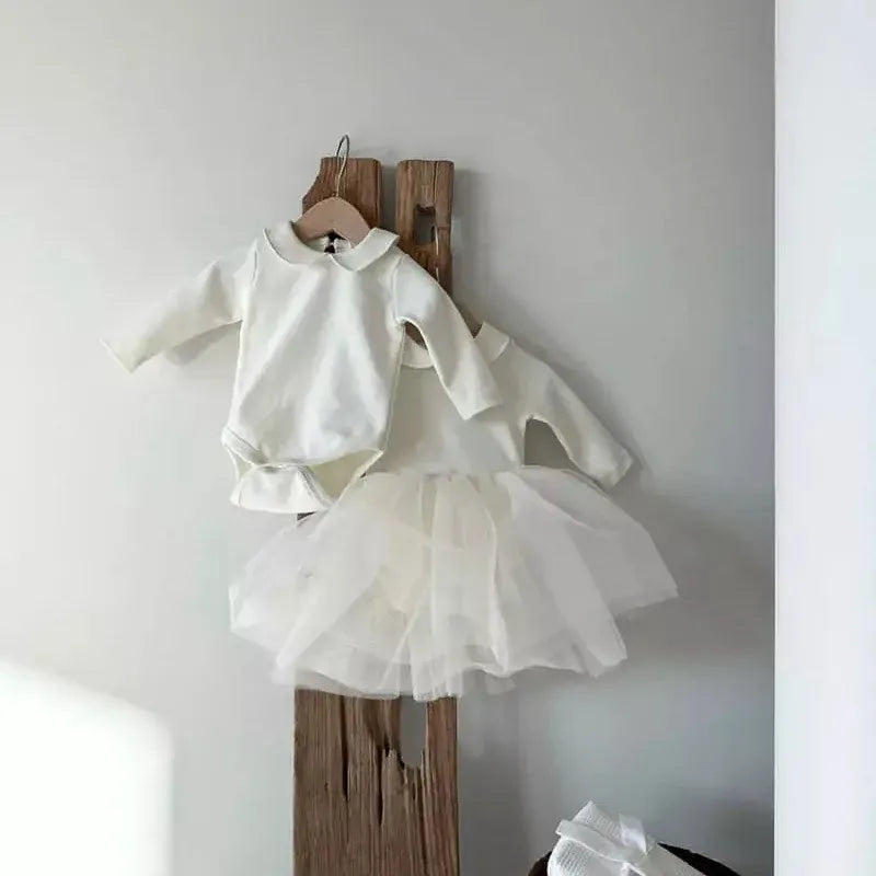 長袖ワンピース ベビーロンパース/キッズワンピース 長袖ドレス チュチュチュールドッキングスカート ホワイト リンクコーデ 姉妹お揃いコーデ【mh0005144】