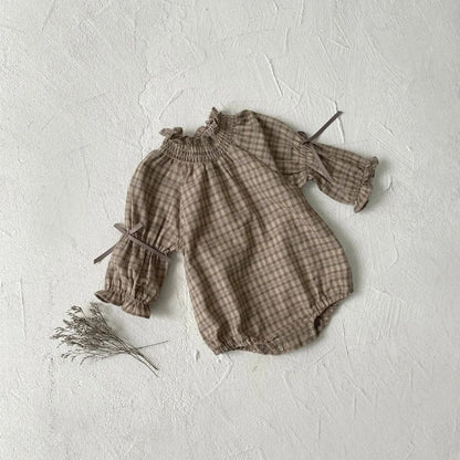 長袖ロンパース ベビーロンパース 長袖ボディスーツ リボン ベルスリーブ スタンドフリルカラー チェック【mh0006383】