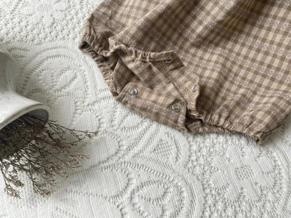 長袖ロンパース ベビーロンパース 長袖ボディスーツ リボン ベルスリーブ スタンドフリルカラー チェック【mh0006383】