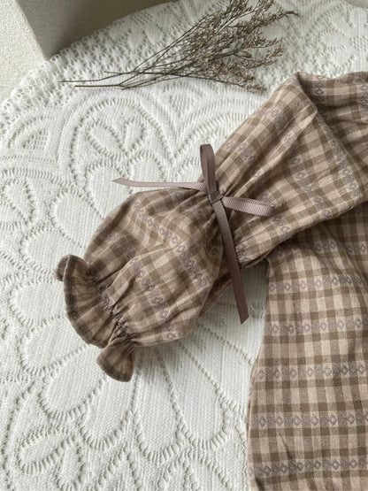 長袖ロンパース ベビーロンパース 長袖ボディスーツ リボン ベルスリーブ スタンドフリルカラー チェック【mh0006383】