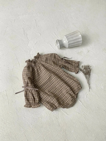 長袖ロンパース ベビーロンパース 長袖ボディスーツ リボン ベルスリーブ スタンドフリルカラー チェック【mh0006383】