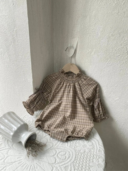 長袖ロンパース ベビーロンパース 長袖ボディスーツ リボン ベルスリーブ スタンドフリルカラー チェック【mh0006383】