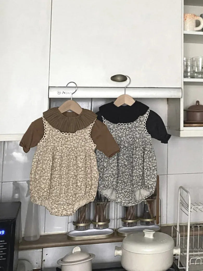 ノースリーブロンパース ベビーロンパース+帽子セット フラワープリントノースリーブボディスーツ+お揃いボンネット帽子【mh0007051】