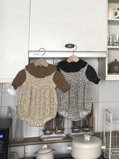 ノースリーブロンパース ベビーロンパース+帽子セット フラワープリントノースリーブボディスーツ+お揃いボンネット帽子【mh0007051】