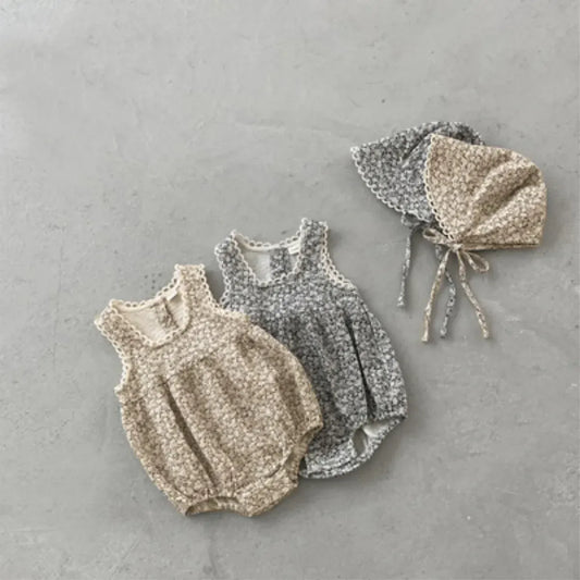 ノースリーブロンパース ベビーロンパース+帽子セット フラワープリントノースリーブボディスーツ+お揃いボンネット帽子【mh0007051】