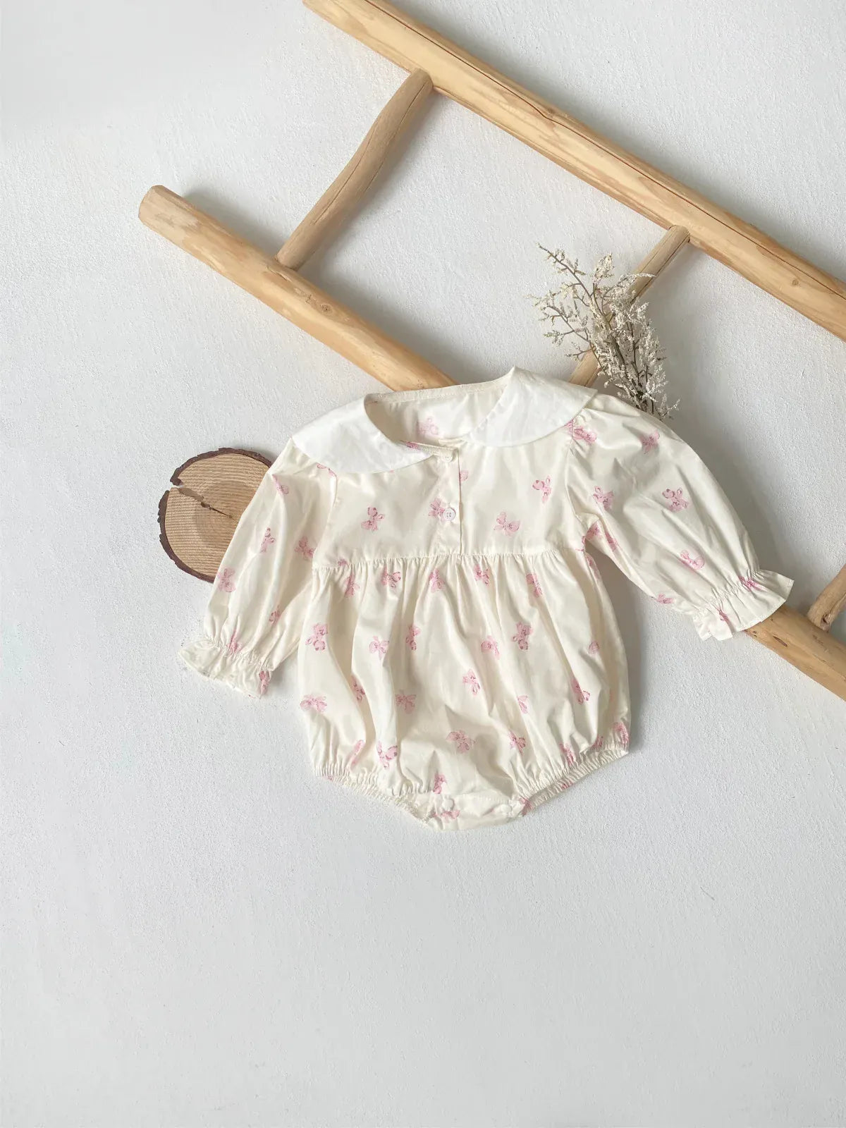 長袖ロンパース ベビーロンパース セーラーカラーリボンプリント長袖ボディスーツ【mh0007064】