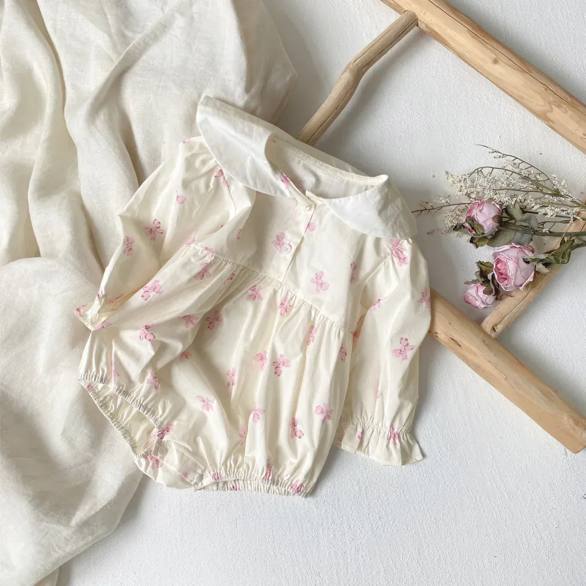 長袖ロンパース ベビーロンパース セーラーカラーリボンプリント長袖ボディスーツ【mh0007064】