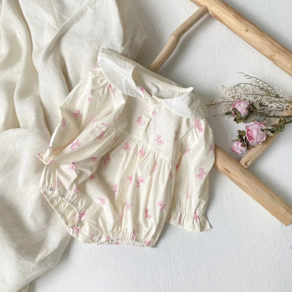 長袖ロンパース ベビーロンパース セーラーカラーリボンプリント長袖ボディスーツ【mh0007064】