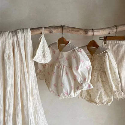 長袖ロンパース ベビーロンパース セーラーカラーリボンプリント長袖ボディスーツ【mh0007064】