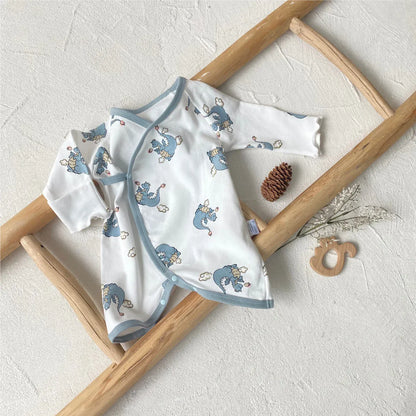 長袖ロンパース ベビーロンパース アニマルプリントコンビ肌着ボディスーツ+とんがりキャップ帽子セット【mh0007951】