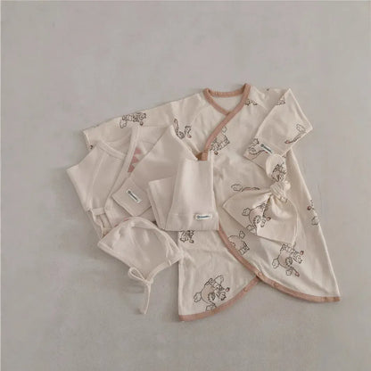 長袖ロンパース ベビーロンパース アニマルプリントコンビ肌着ボディスーツ+とんがりキャップ帽子セット【mh0007951】