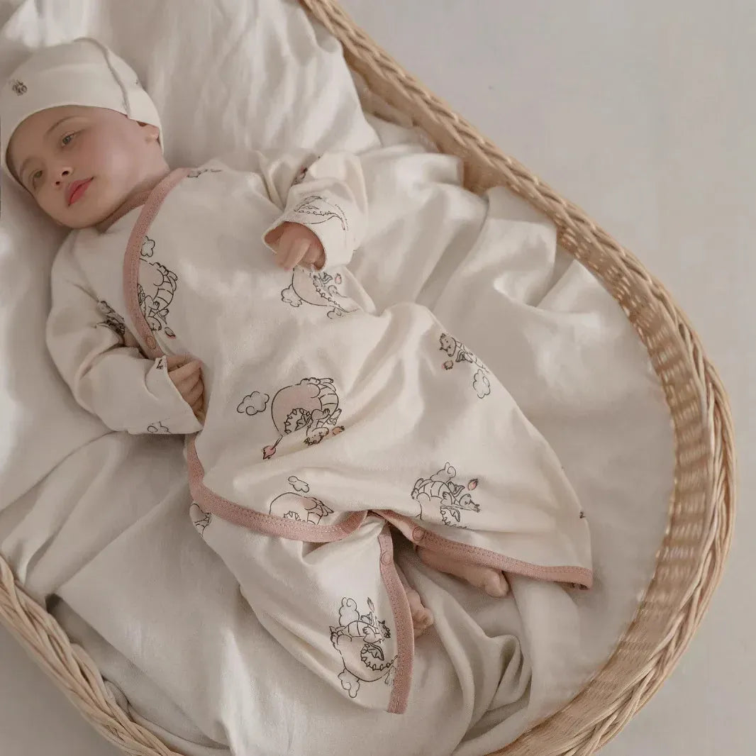 長袖ロンパース ベビーロンパース アニマルプリントコンビ肌着ボディスーツ+とんがりキャップ帽子セット【mh0007951】