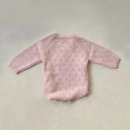 長袖ロンパース ベビーロンパース フラワー刺繍レースニット長袖ボディスーツ+ニットキャップ帽子セット【mh0008141】