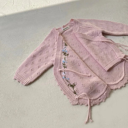 長袖ロンパース ベビーロンパース フラワー刺繍レースニット長袖ボディスーツ+ニットキャップ帽子セット【mh0008141】