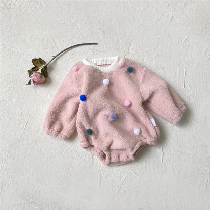 長袖ロンパース ベビーロンパース カラフルぽんぽんボアフリース長袖ボディスーツ【mh0008146】