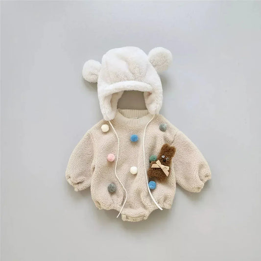 長袖ロンパース ベビーロンパース カラフルぽんぽんボアフリース長袖ボディスーツ【mh0008146】