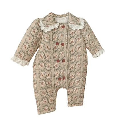 アウタージャンプスーツ ベビーアウタージャンプスーツ レトロフラワープリントレースフリルダブルキルティング長袖ボディスーツ【mh0008148】