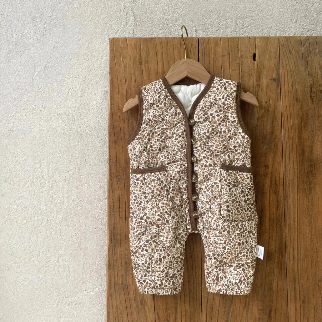 ノースリーブロンパース ベビージャンプスーツ キルティングフラワープリントバイピングノースリーブロンパース【mh0008149】