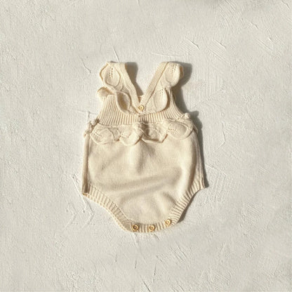 ノースリーブロンパース ベビーロンパース フリルサスペンダーニットボディスーツ+帽子セット【mh0008157】