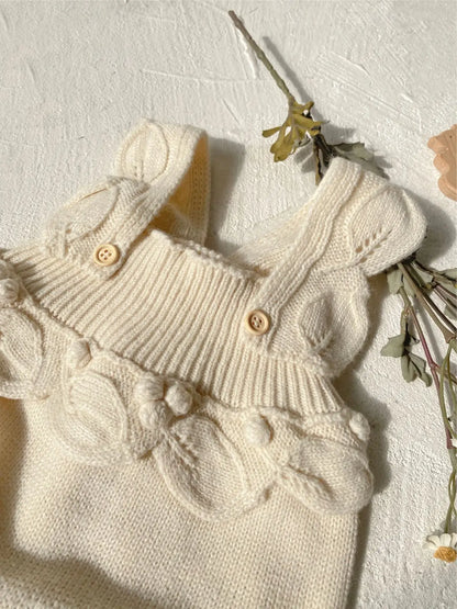 ノースリーブロンパース ベビーロンパース フリルサスペンダーニットボディスーツ+帽子セット【mh0008157】