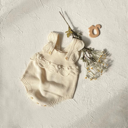 ノースリーブロンパース ベビーロンパース フリルサスペンダーニットボディスーツ+帽子セット【mh0008157】