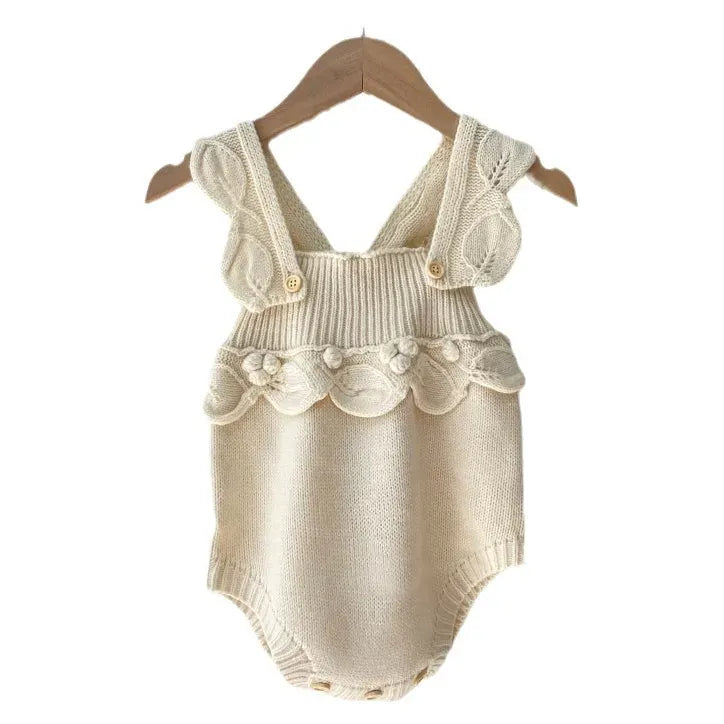 ノースリーブロンパース ベビーロンパース フリルサスペンダーニットボディスーツ+帽子セット【mh0008157】