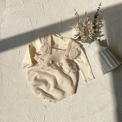 ノースリーブロンパース ベビーロンパース フリルサスペンダーニットボディスーツ+帽子セット【mh0008157】