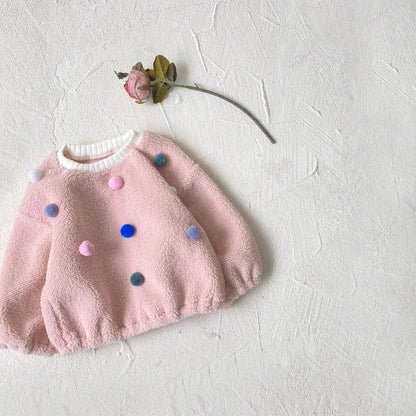 トレーナー・フーディ ベビートップス カラフルぽんぽん水玉ドットボアフリース長袖プルオーバー【mh0008160】