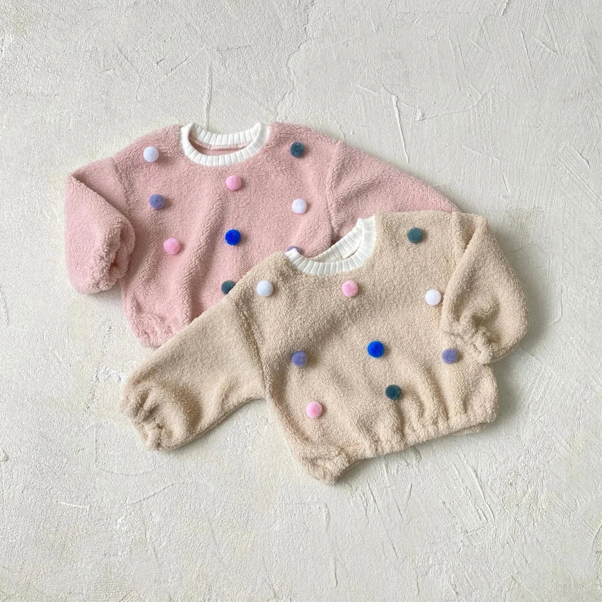 トレーナー・フーディ ベビートップス カラフルぽんぽん水玉ドットボアフリース長袖プルオーバー【mh0008160】