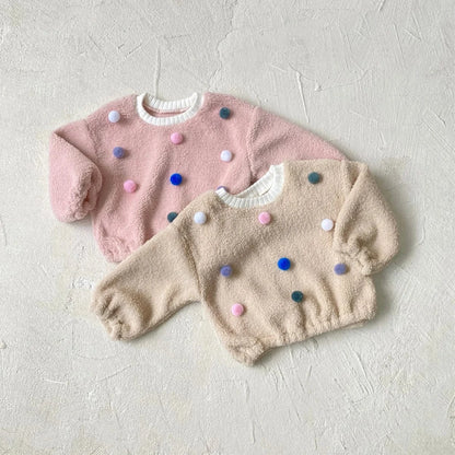 トレーナー・フーディ ベビートップス カラフルぽんぽん水玉ドットボアフリース長袖プルオーバー【mh0008160】