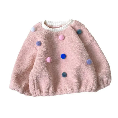 トレーナー・フーディ ベビートップス カラフルぽんぽん水玉ドットボアフリース長袖プルオーバー【mh0008160】