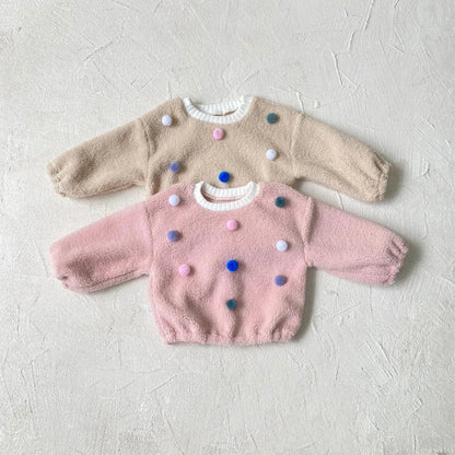トレーナー・フーディ ベビートップス カラフルぽんぽん水玉ドットボアフリース長袖プルオーバー【mh0008160】