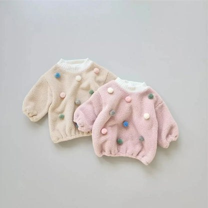 トレーナー・フーディ ベビートップス カラフルぽんぽん水玉ドットボアフリース長袖プルオーバー【mh0008160】